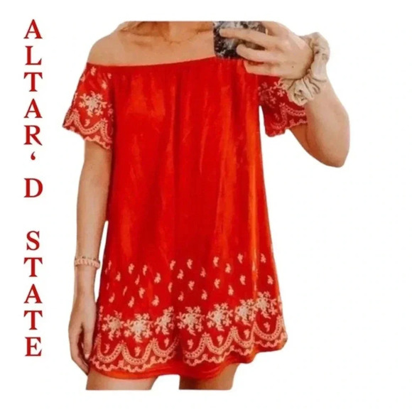 Altar’d State Red and White Off the Shoulder Dress‎ - Picture 1 of 9